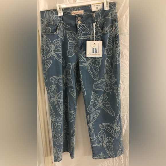 boutique Denim - White Butterflies laser print ultra soft stretch straight fit blue jeans size 16